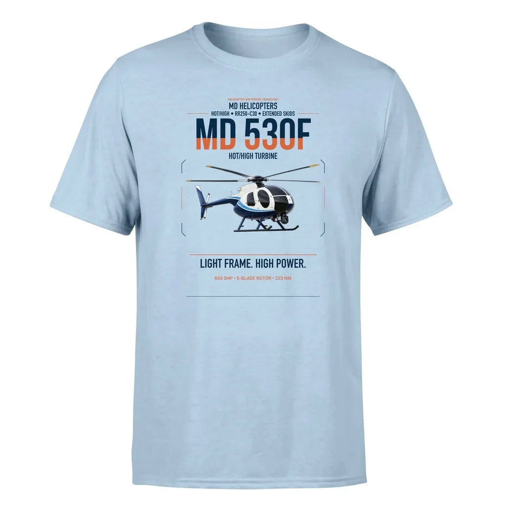 MD Helicopters MD 530F design on light blue t-shirt, single-side print