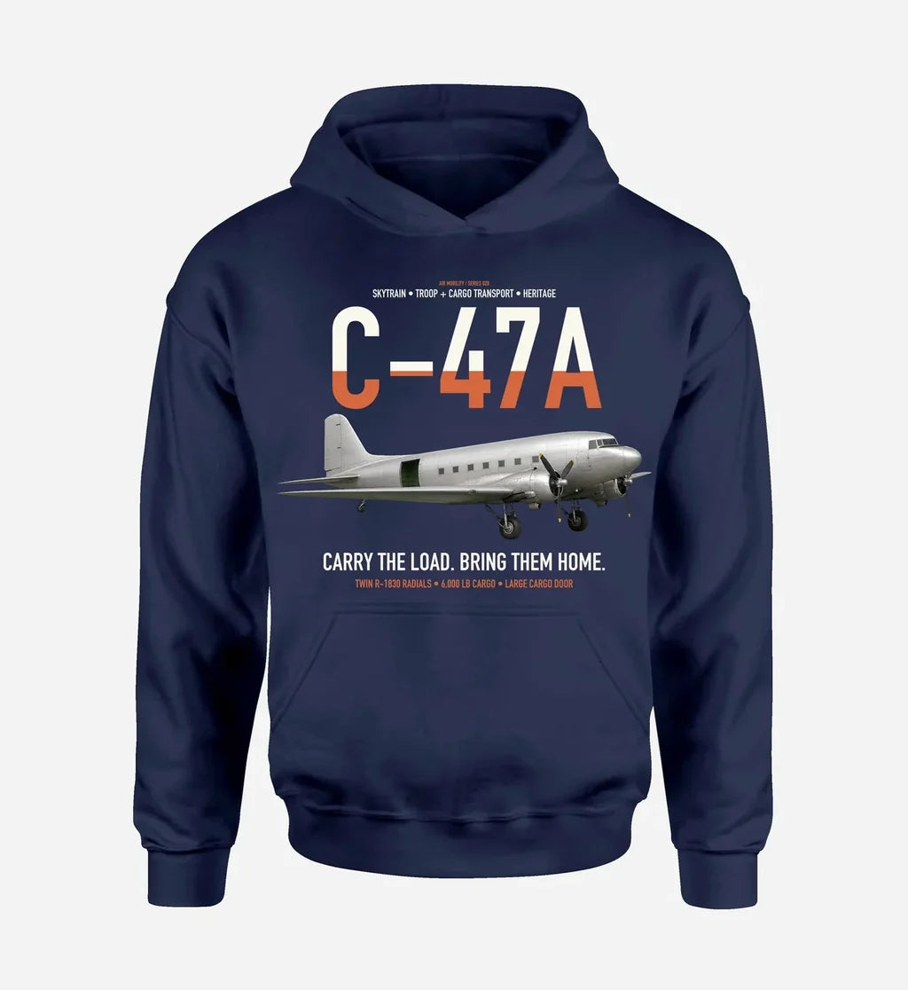 C-47A Skytrain design on navy blue double-side hoodie, single-side print