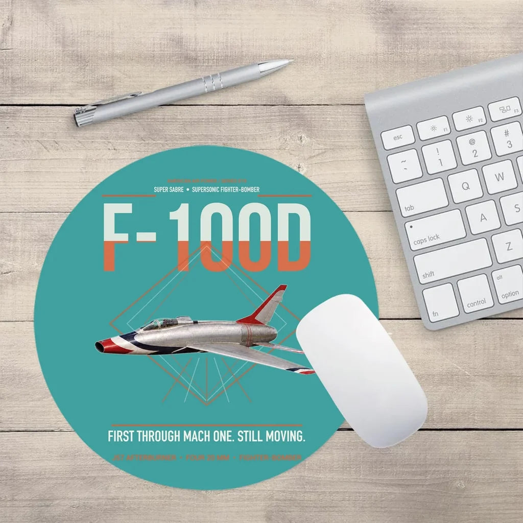 F-100D Super Sabre design on turquoise round mouse pad