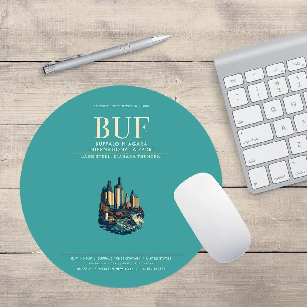Buffalo Niagara International Airport (BUF) design on turquoise round mouse pad