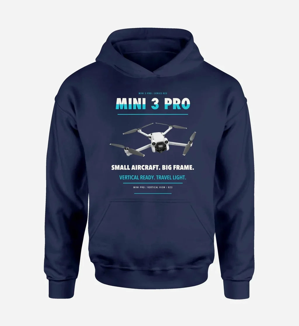 DJI Mini 3 Pro design on navy blue hoodie single side