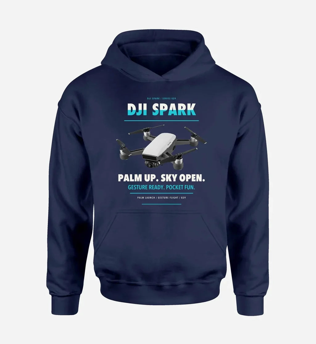 DJI Spark design on navy blue hoodie single side