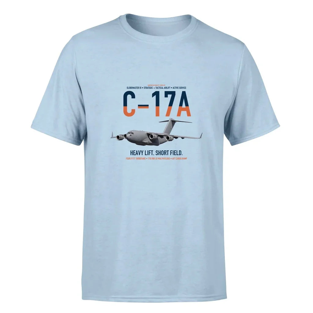 C-17A Globemaster III design on light blue double-side t-shirt, single-side print