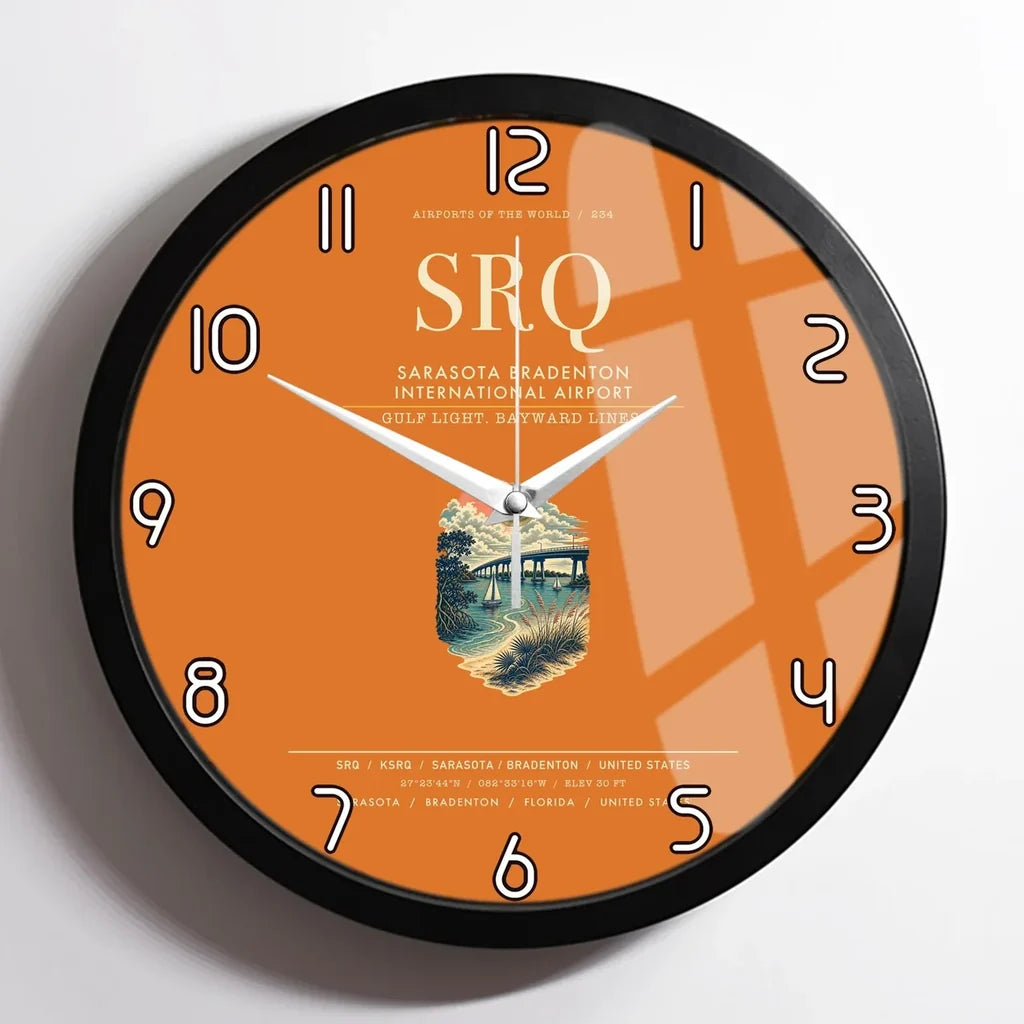 Sarasota Bradenton International Airport (SRQ) design on orange framed wall clock