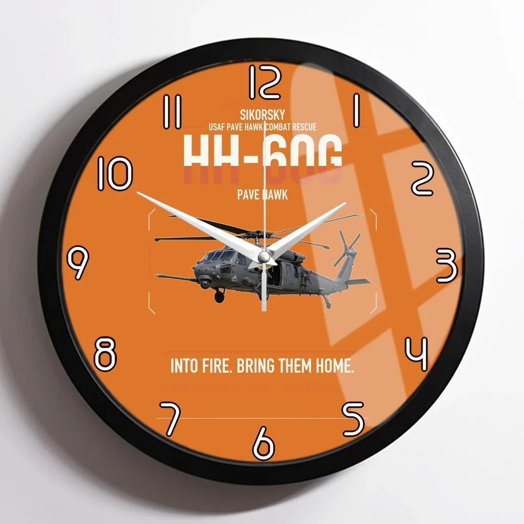 Sikorsky HH-60G Pave Hawk design on orange framed wall clock