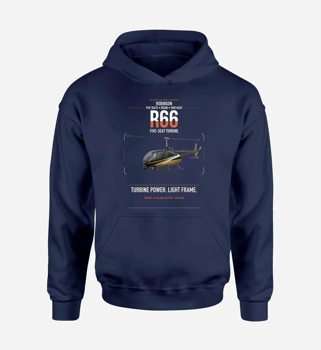Robinson R66 design on navy blue double-side hoodie, single-side print