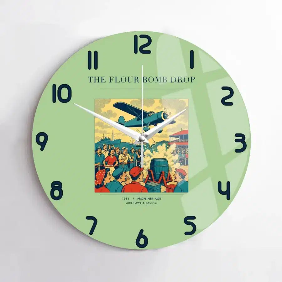 VINTAGE G4259 - The Flour Bomb Drop - Designed Wall Clocks design on lightgreen no-frame