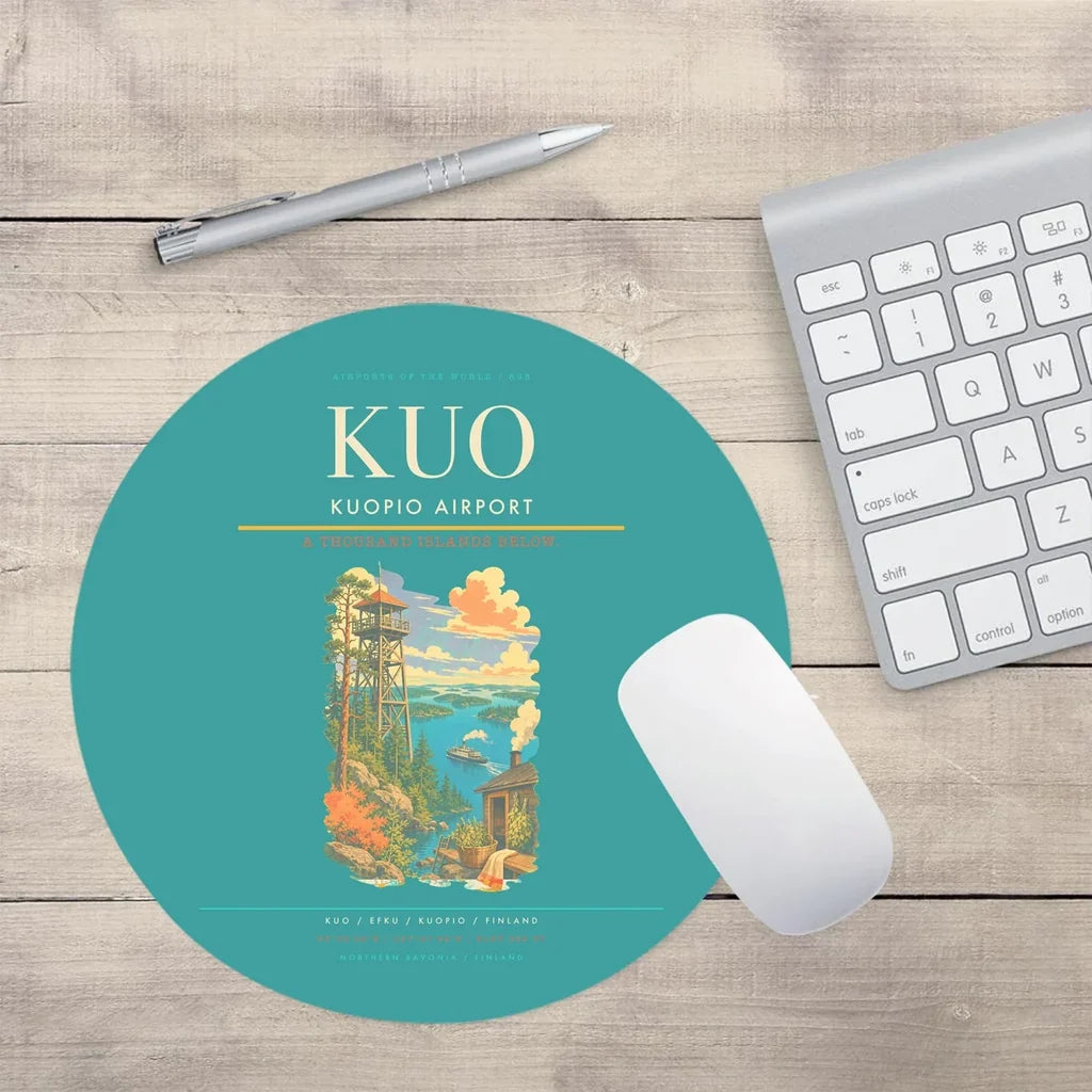 Kuopio Airport (KUO) design on turquoise round mouse pad