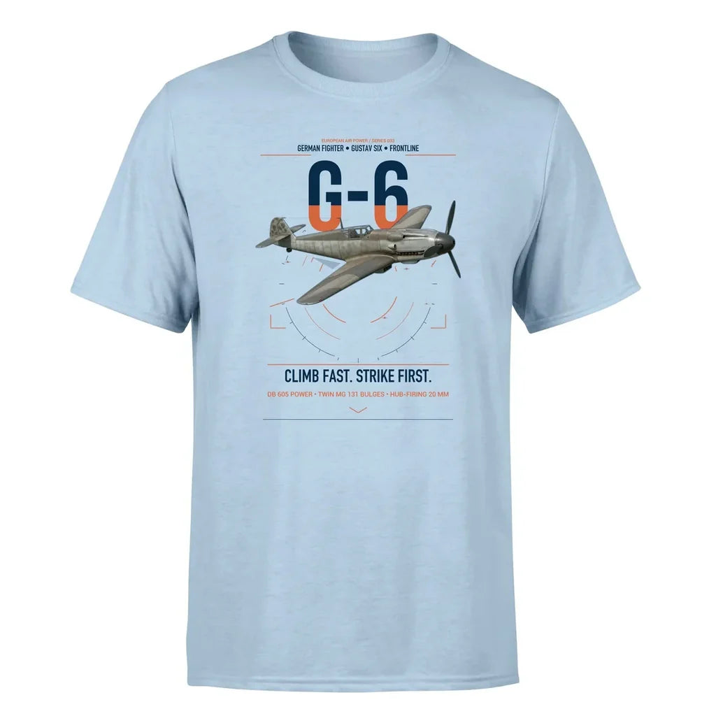Messerschmitt Bf 109G-6 design on light blue t-shirt, single-side print