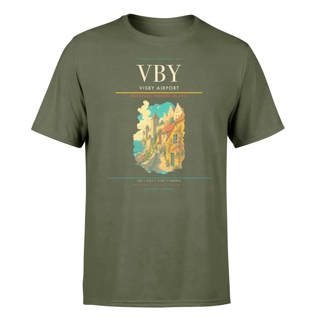 Visby Airport (VBY) T-Shirt single-side front print in Green Army | visby-airport-vby-double-side-t-shirt