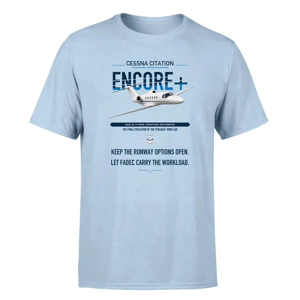 Cessna Citation Encore+ design on light blue double-side t-shirt, single-side print