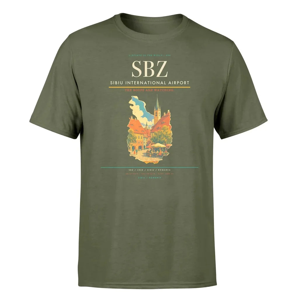 Sibiu International Airport (SBZ) T-Shirt single-side front print in Green Army | sibiu-international-airport-sbz-double-side-t-shirt