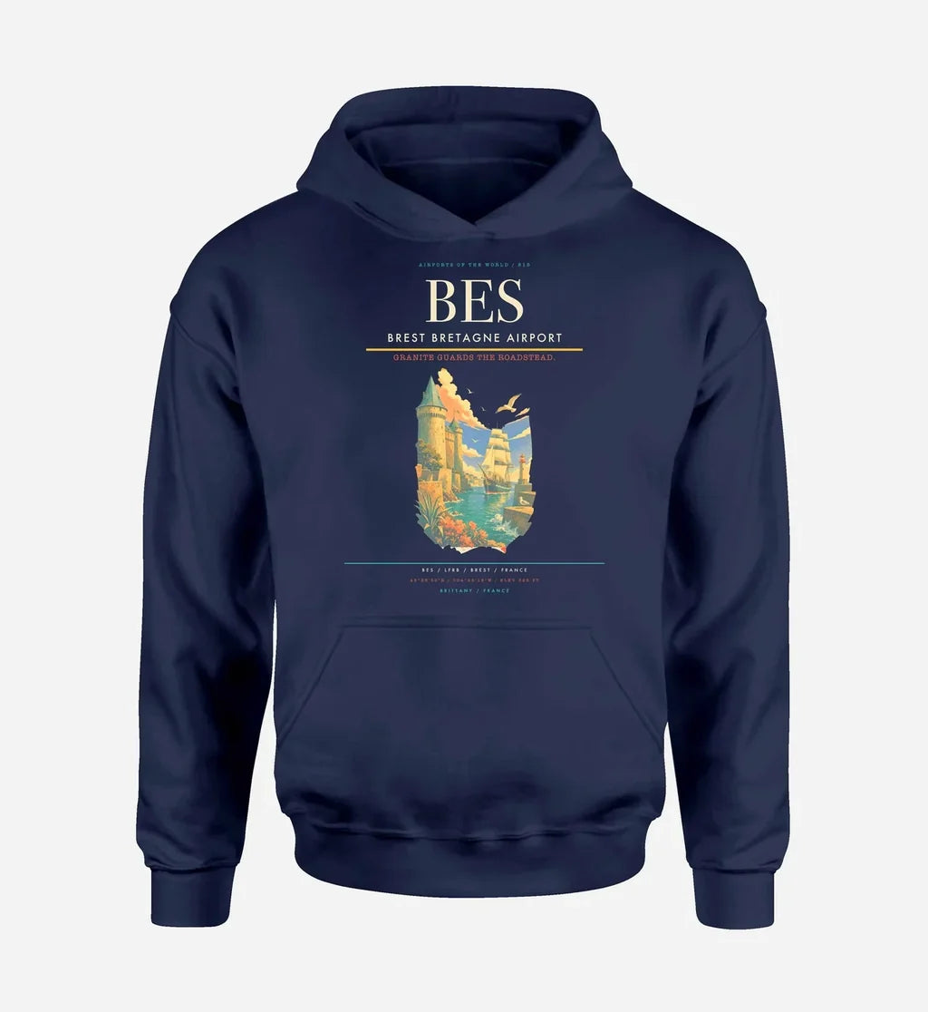 Brest Bretagne Airport (BES) design on navy blue hoodie single-side print