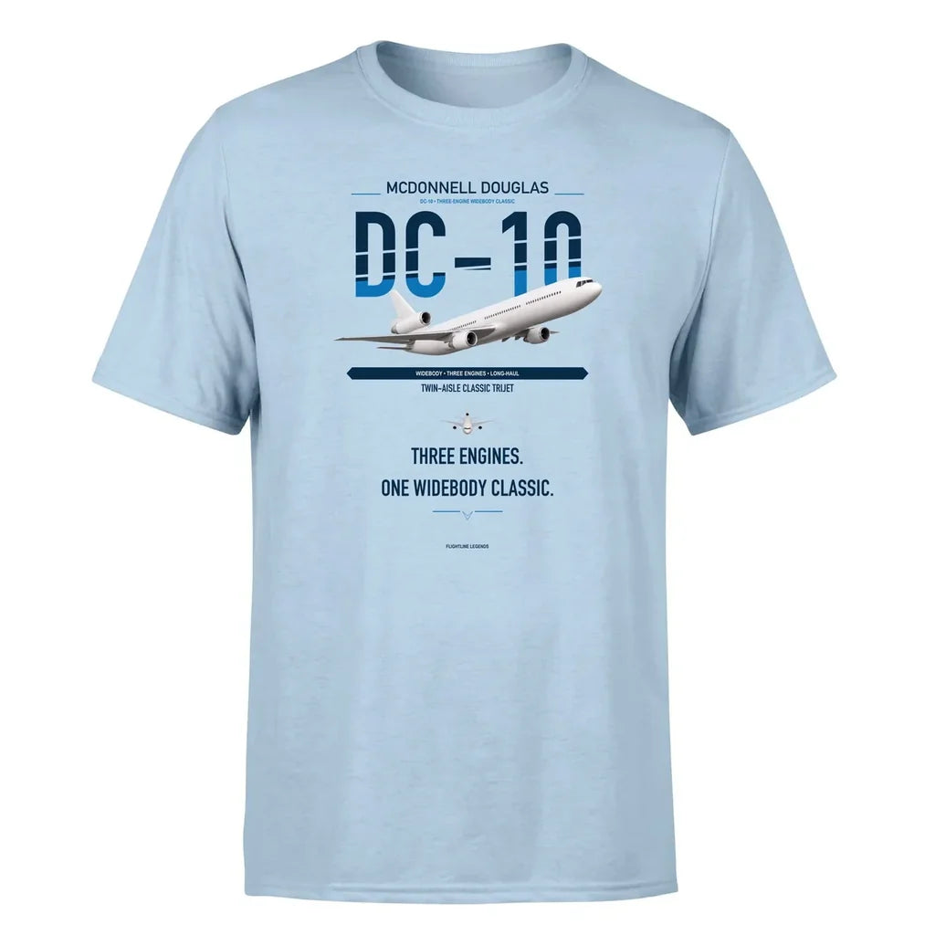 McDonnell Douglas DC-10 design on light blue double-side t-shirt, single-side print