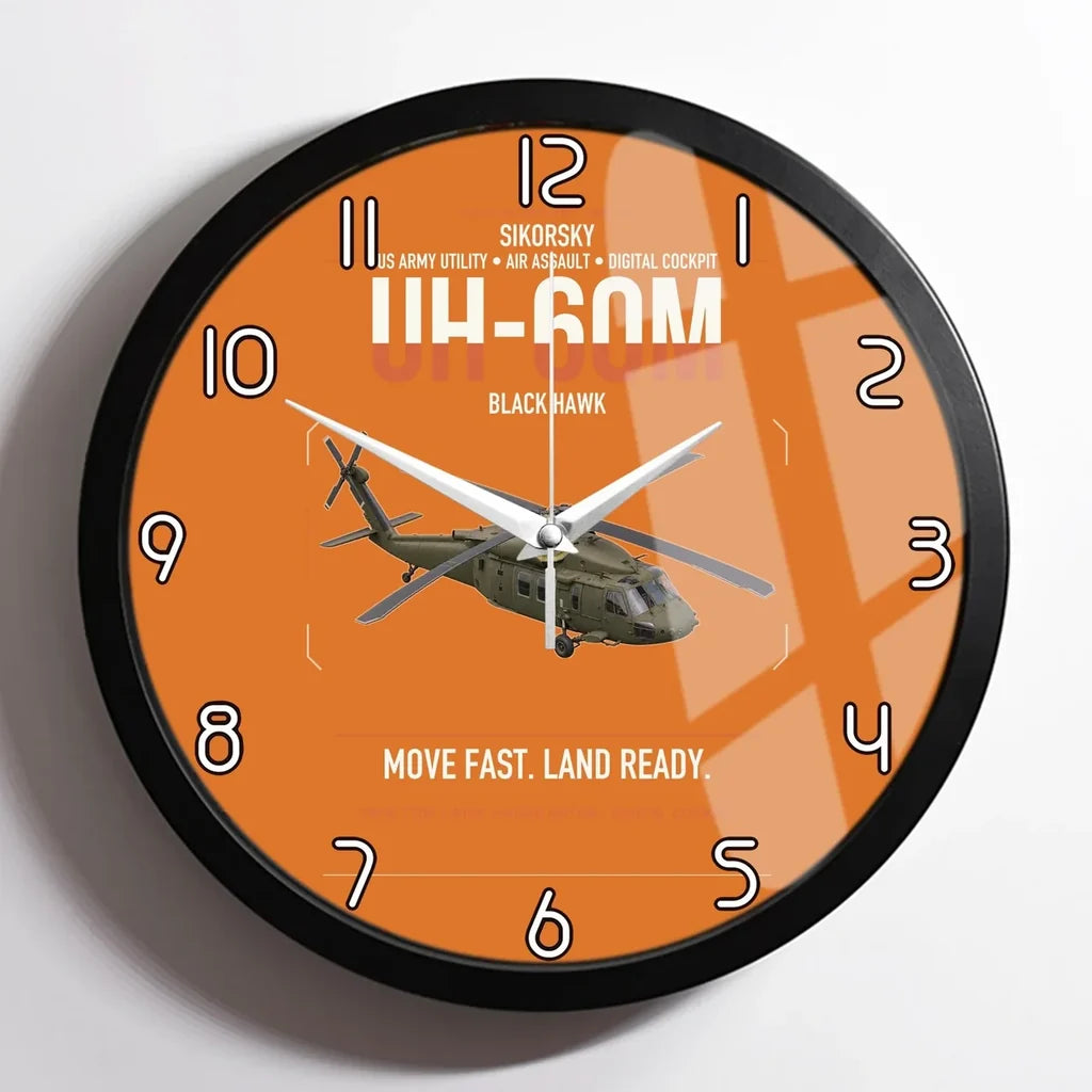 Sikorsky UH-60M Black Hawk design on orange framed wall clock
