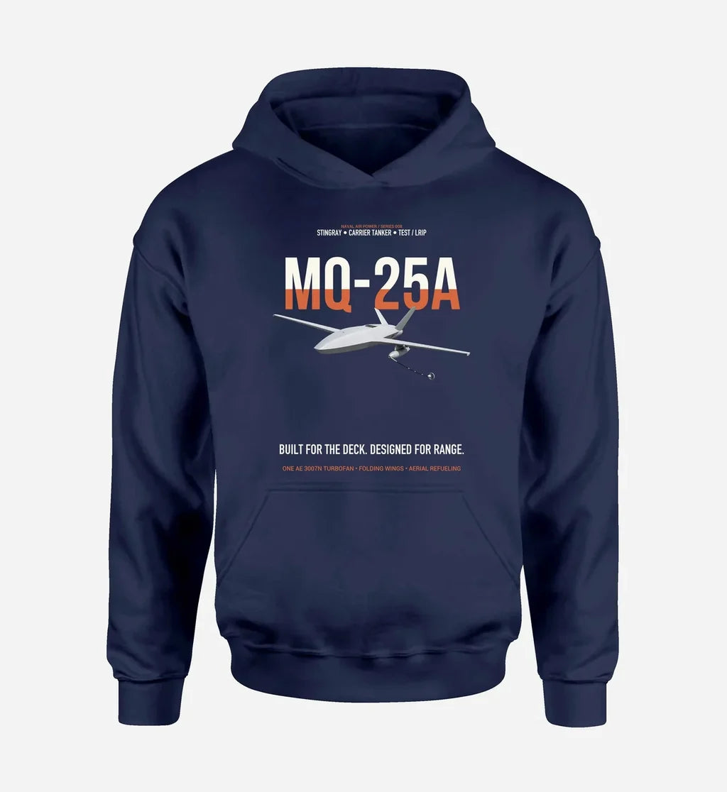 MQ-25A STINGRAY design on navy blue double-side hoodie, single-side print