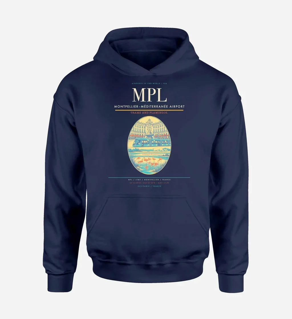 Montpellier–Méditerranée Airport (MPL) design on navy blue hoodie single-side print