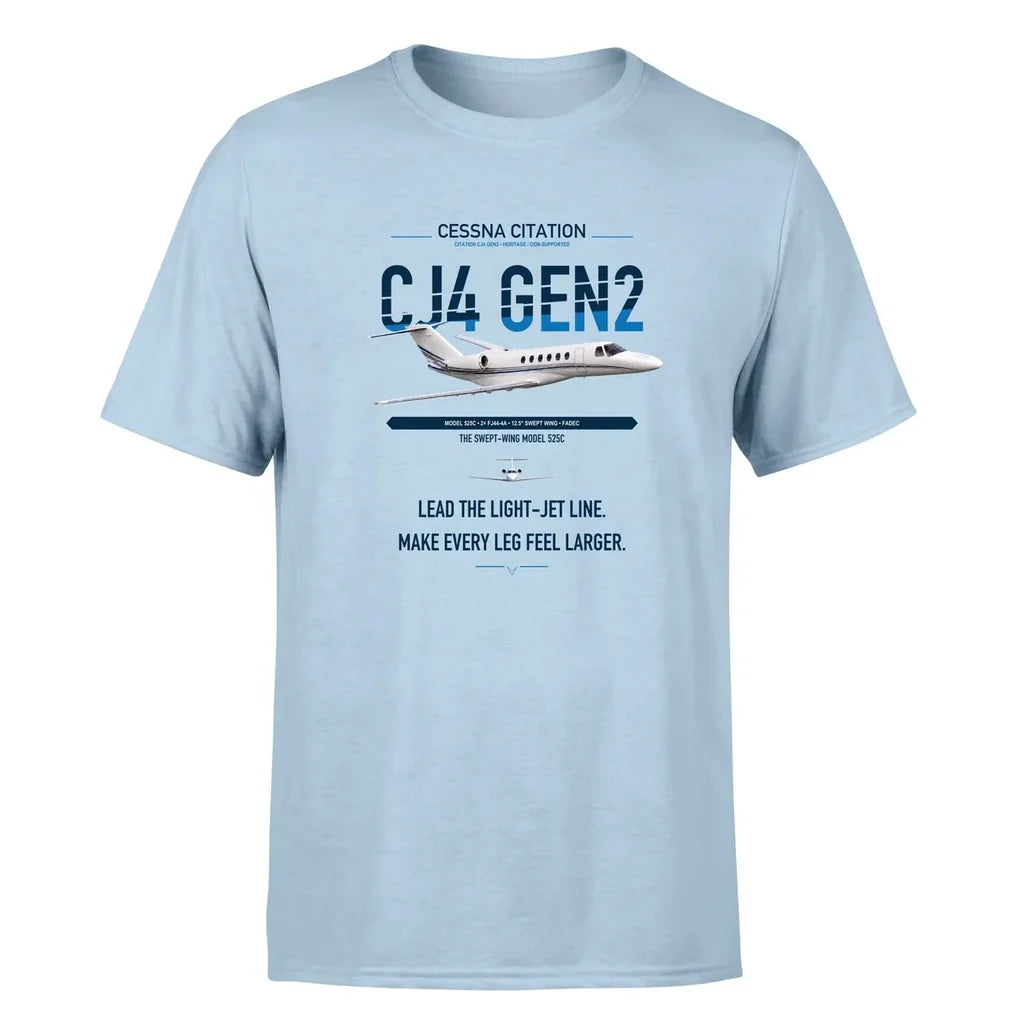 Cessna Citation CJ4 Gen2 design on light blue double-side t-shirt, single-side print