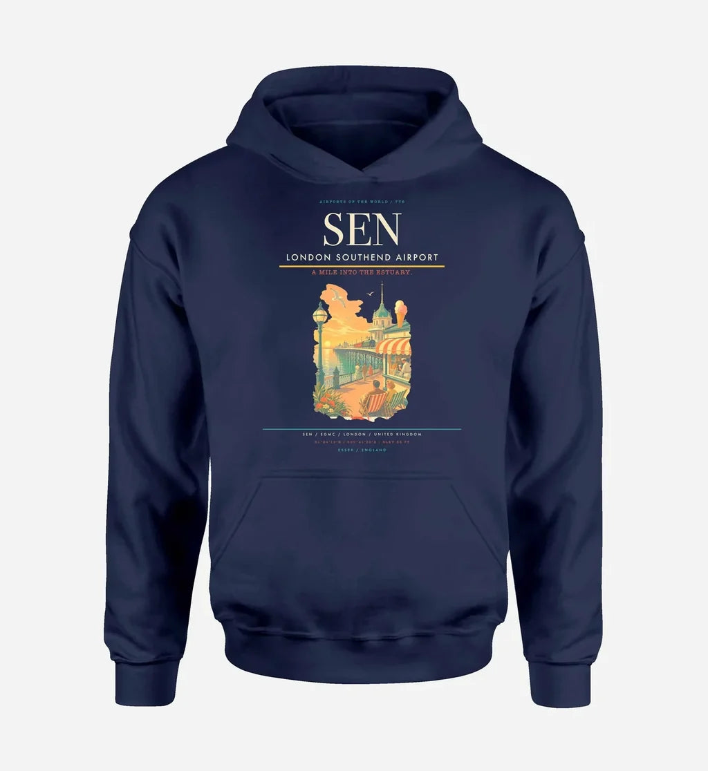 London Southend Airport (SEN) design on navy blue hoodie single-side print