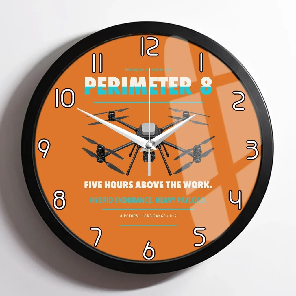 Skyfront Perimeter 8 design on orange framed wall clock