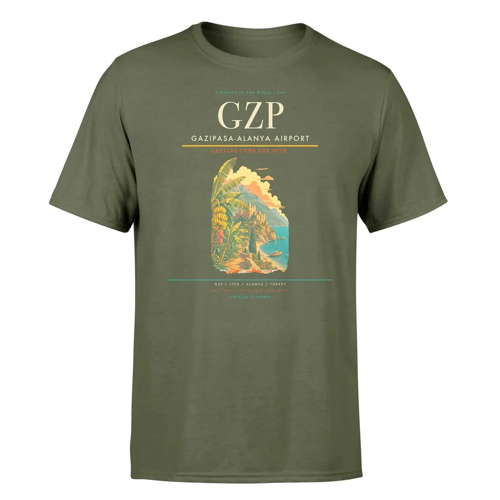 Gazipasa-Alanya Airport (GZP) T-Shirt single-side front print in Green Army | gazipasa-alanya-airport-gzp-double-side-t-shirt
