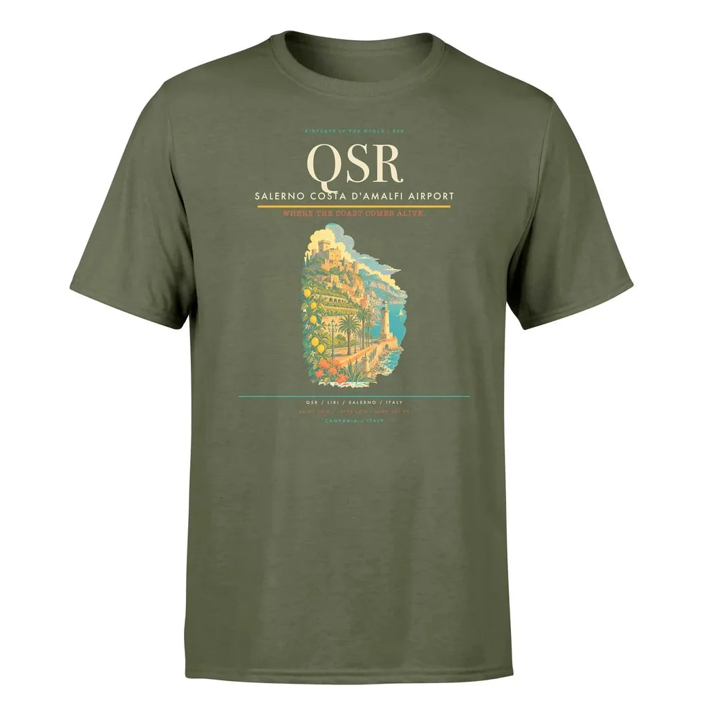 Salerno Costa d'Amalfi Airport (QSR) T-Shirt single-side front print in Green Army | salerno-costa-damalfi-airport-qsr-double-side-t-shirt