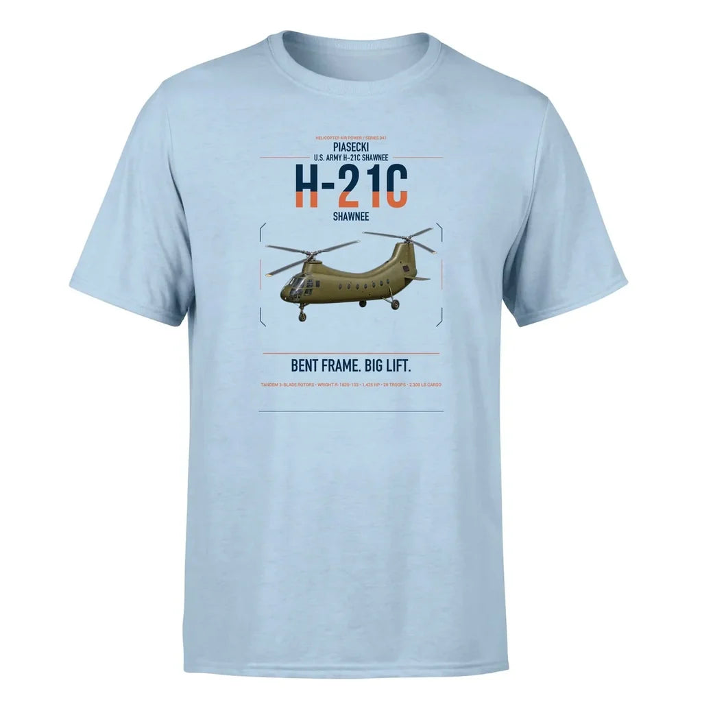 Piasecki H-21C Shawnee design on light blue t-shirt, single-side print