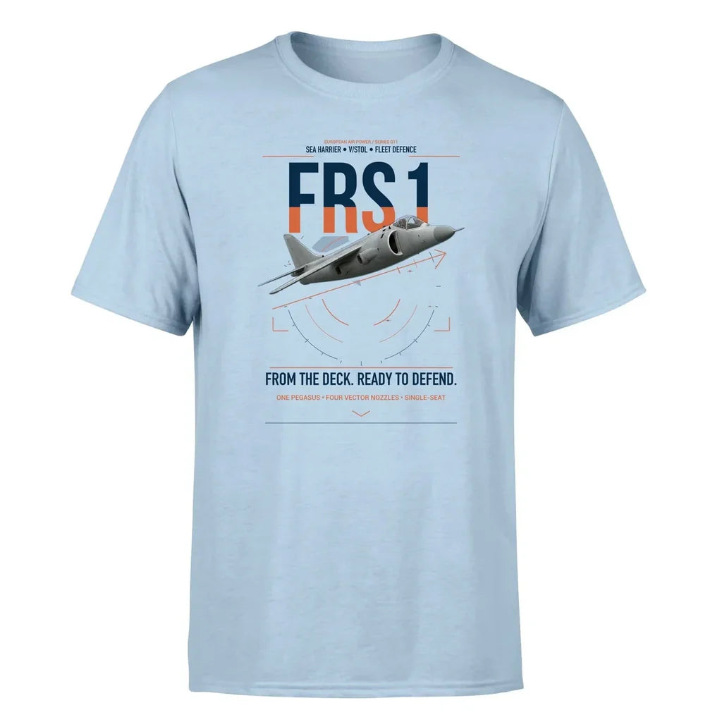 British Aerospace Sea Harrier FRS.1 design on light blue t-shirt, single-side print