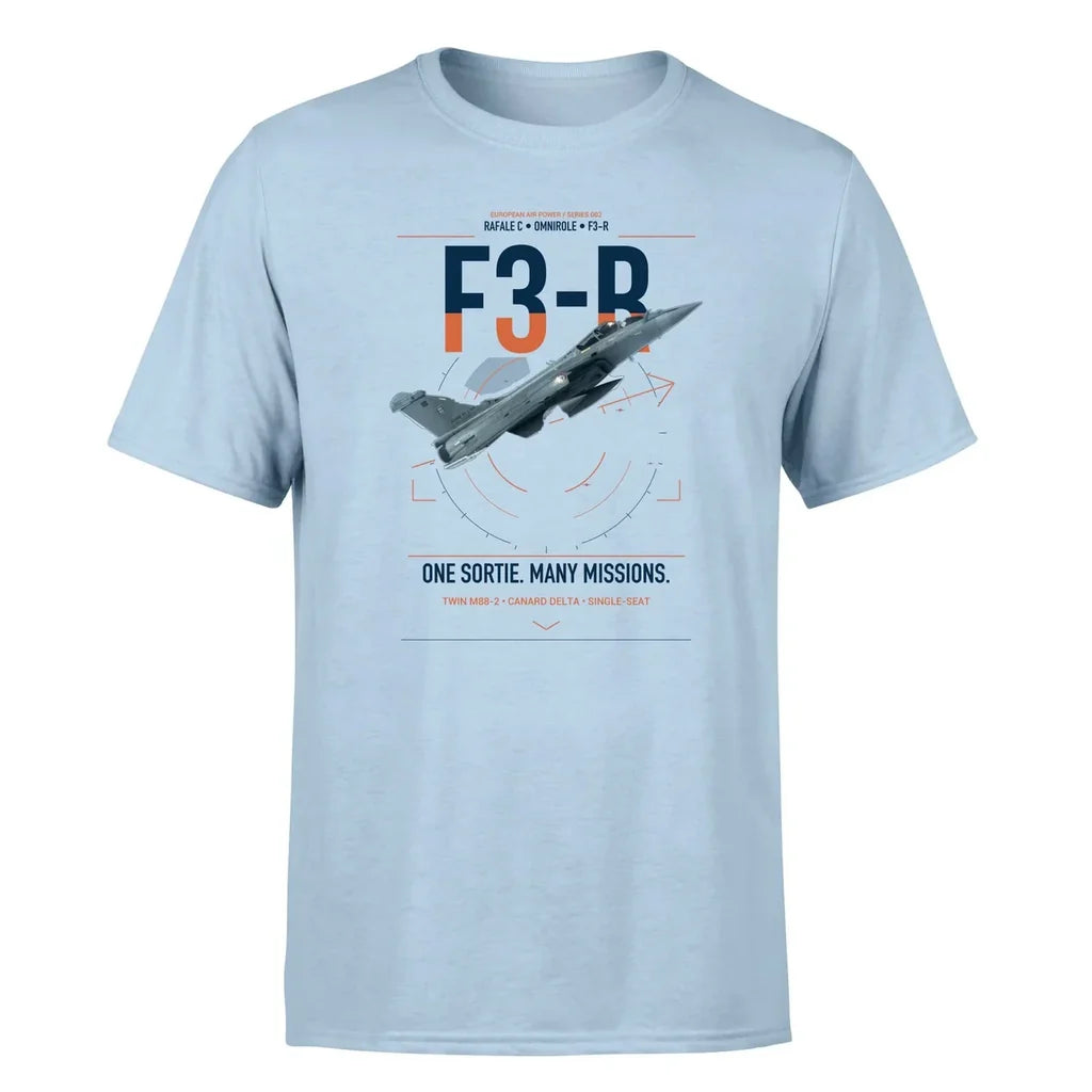 Dassault Rafale C — F3-R standard design on light blue t-shirt, single-side print
