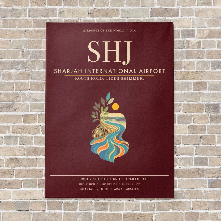 Sharjah International Airport SHJ - Canvas Framed - Dark Red
