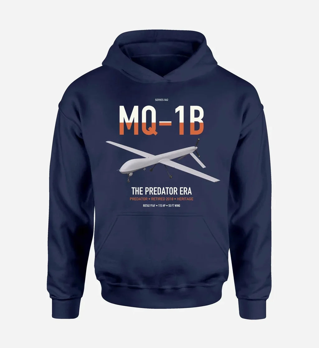 MQ-1B Predator design on navy blue double-side hoodie, single-side print