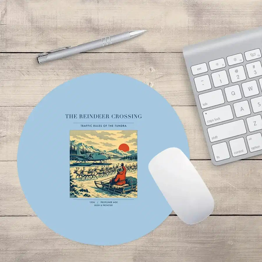 VINTAGE G4350 - The Reindeer Crossing - Designed Mouse Pads design on lightblue round
