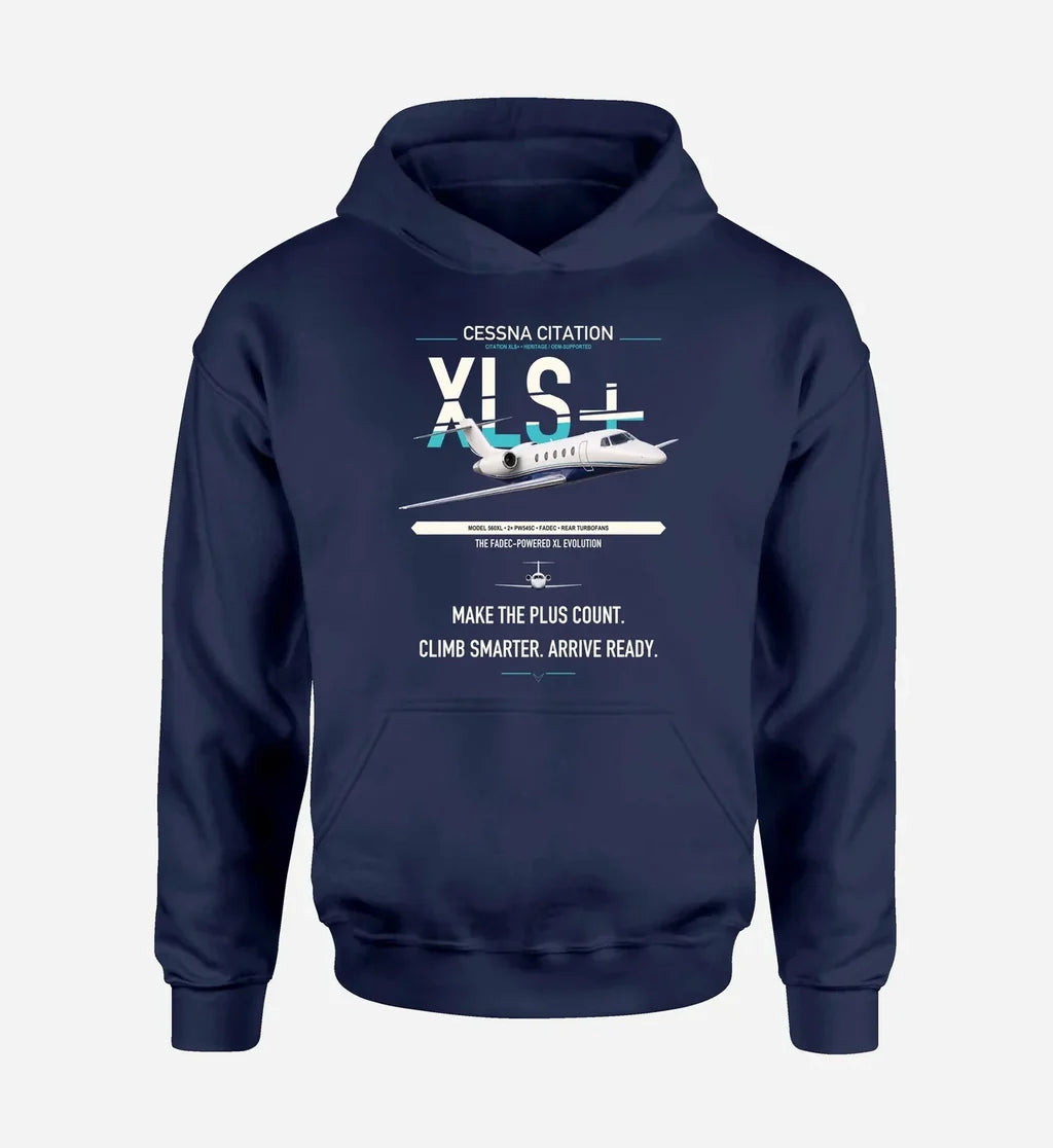 Cessna Citation XLSPlus design on navy blue double-side hoodie, single-side print