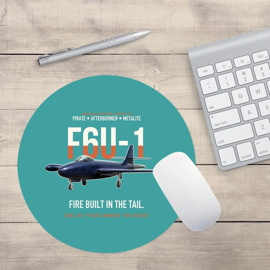 F6U-1 Pirate Fire Built in the Tail design on turquoise round mouse pad