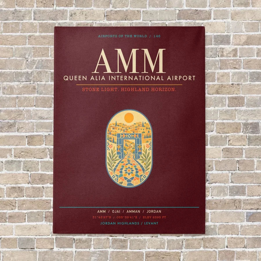 Queen Alia International Airport AMM - Canvas Framed - Dark Red