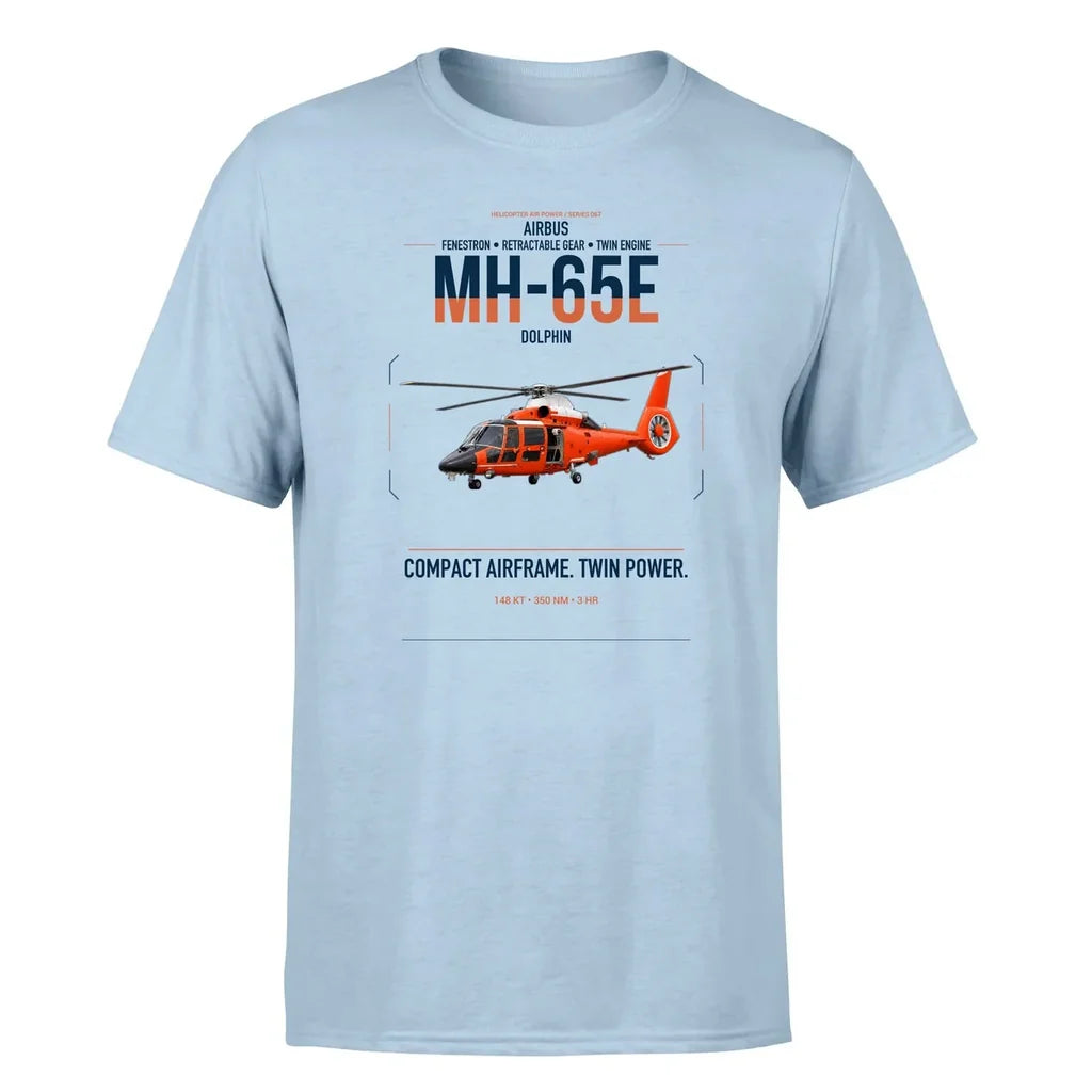 Airbus MH-65E Dolphin design on light blue t-shirt, single-side print