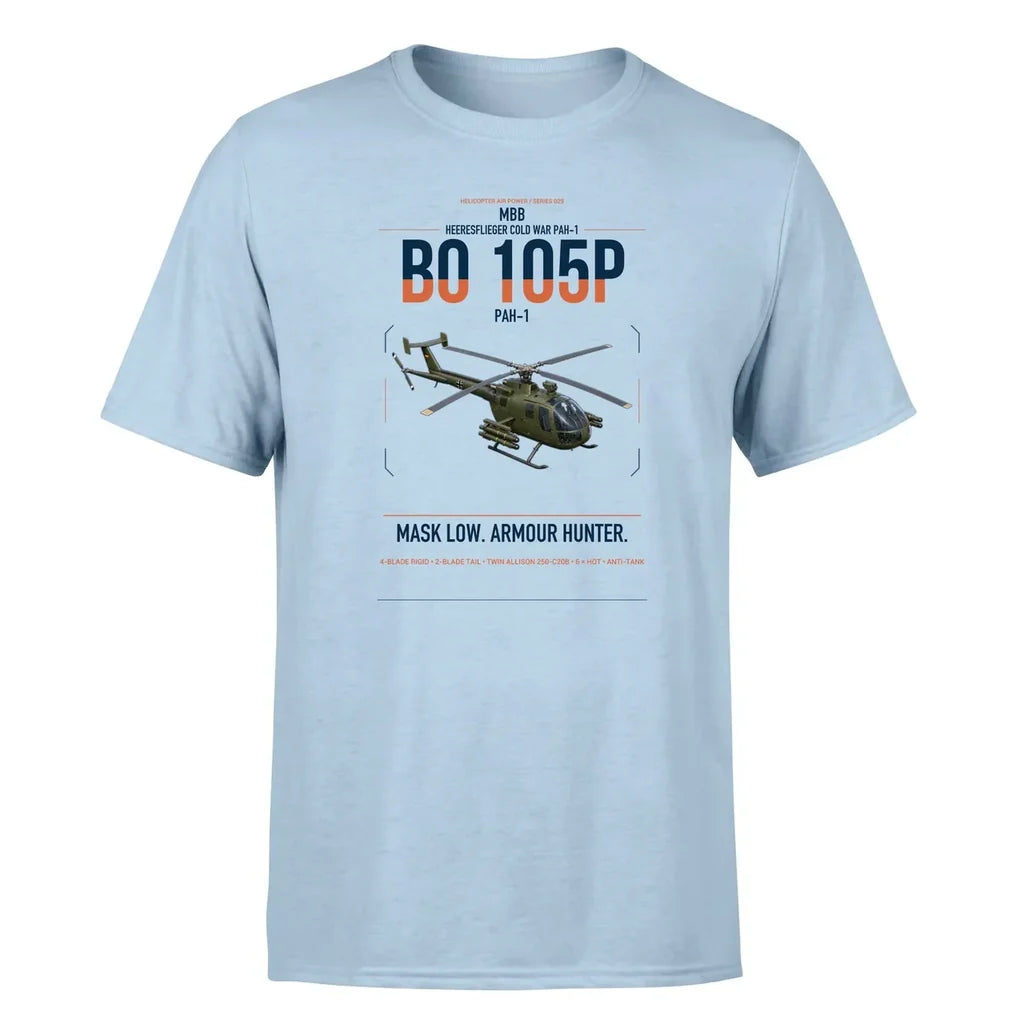 MBB BO 105P PAH-1 design on light blue t-shirt, single-side print