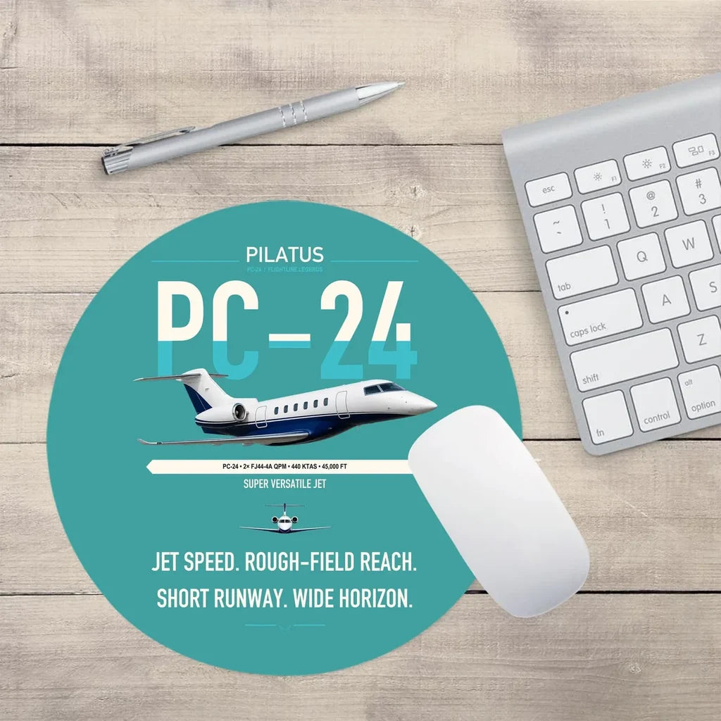 Pilatus PC-24 design on turquoise round mouse pad