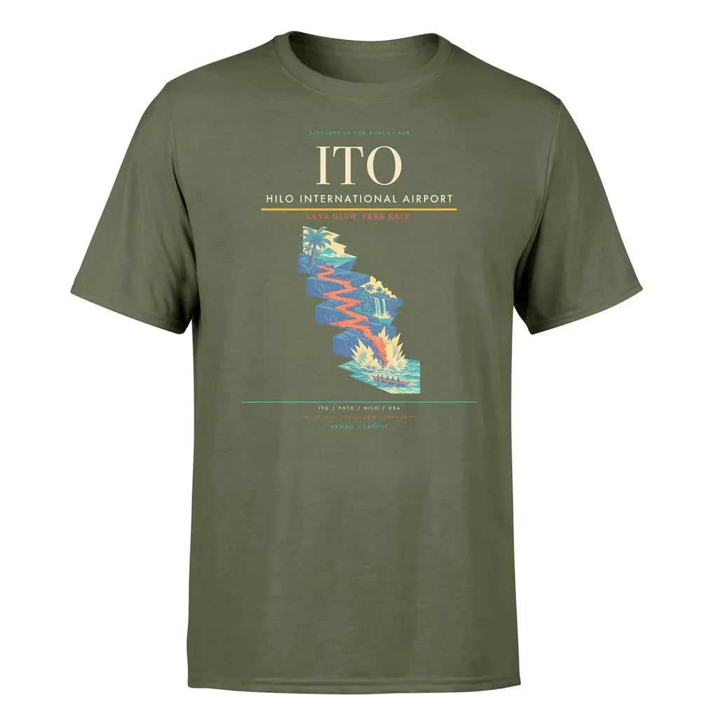Hilo International Airport (ITO) T-Shirt single-side front print in Green Army | hilo-international-airport-ito-double-side-t-shirt