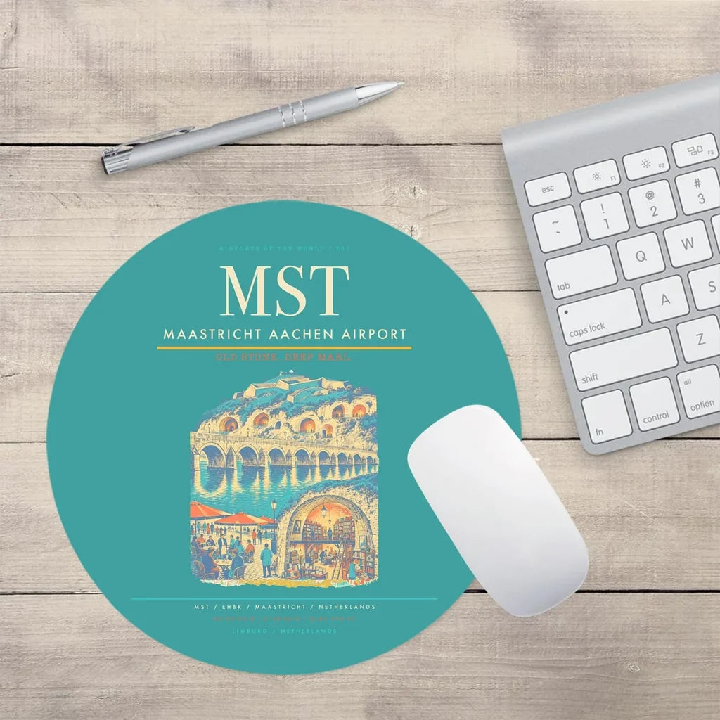 Maastricht Aachen Airport (MST) design on turquoise round mouse pad
