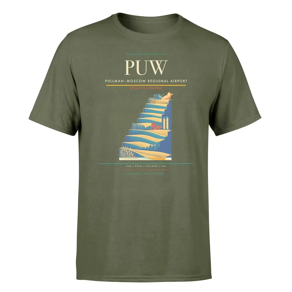 Pullman–Moscow Regional Airport (PUW) T-Shirt single-side front print in Green Army | pullmanmoscow-regional-airport-puw-double-side-t-shirt