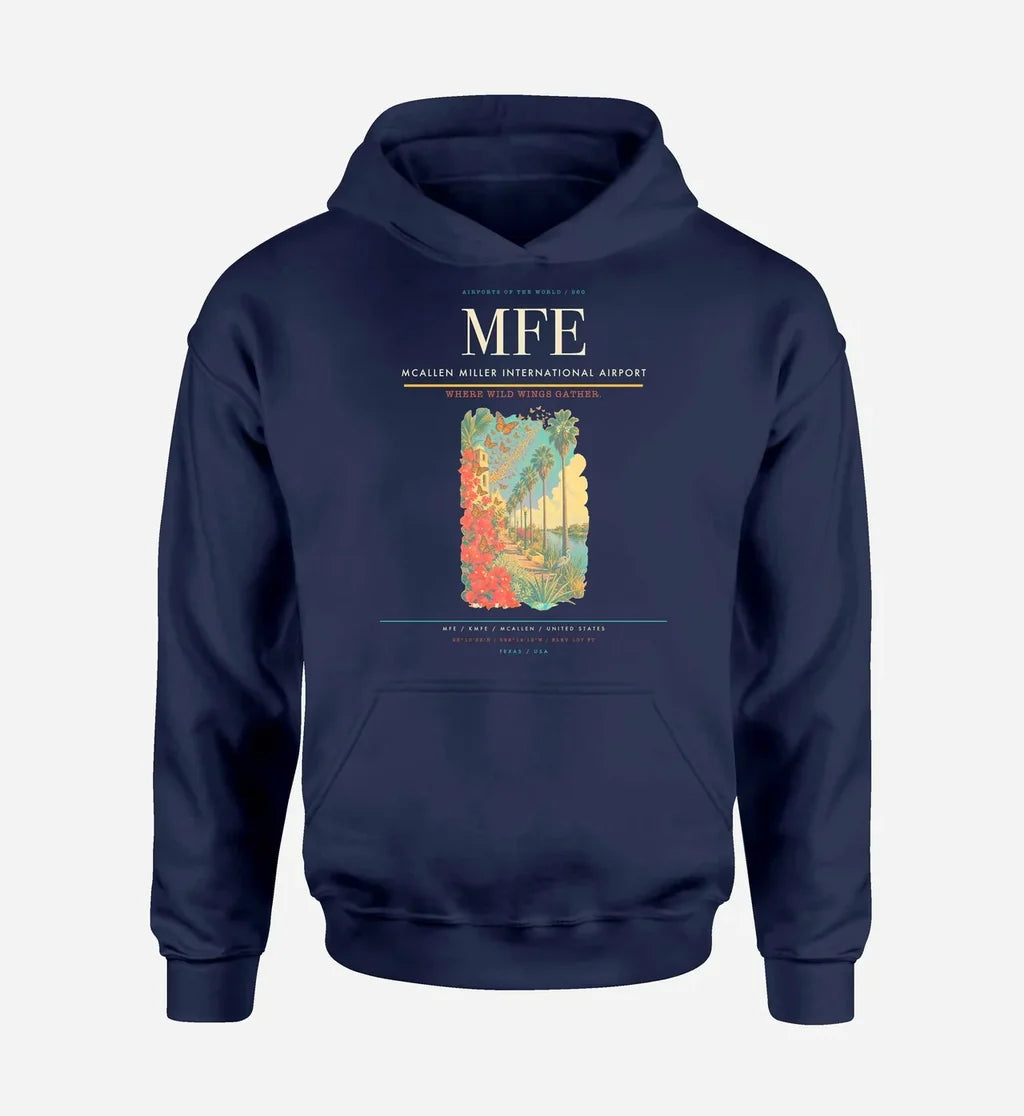 McAllen Miller International Airport (MFE) design on navy blue hoodie single-side print