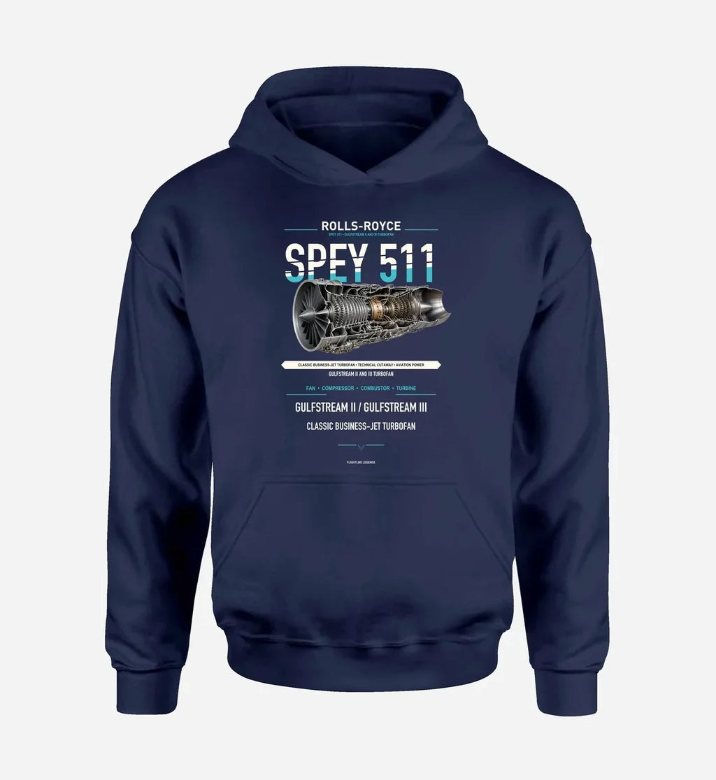 SPEY 511 design on navy blue hoodie single side