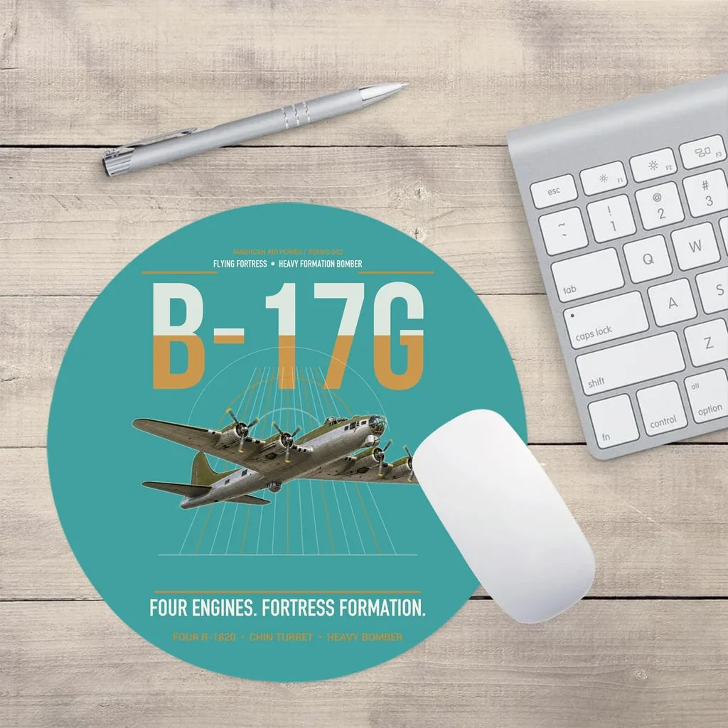 B-17G Flying Fortress design on turquoise round mouse pad