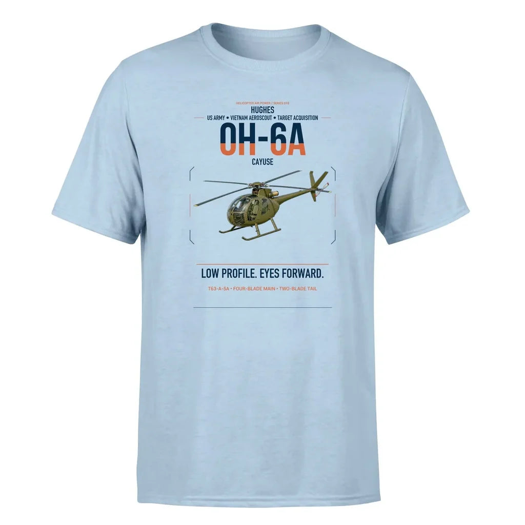 Hughes OH-6A Cayuse design on light blue t-shirt, single-side print