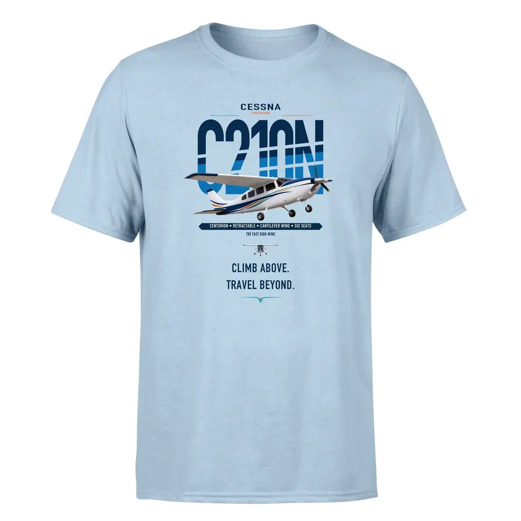 Cessna T210N Centurion design on light blue t-shirt, single-side print