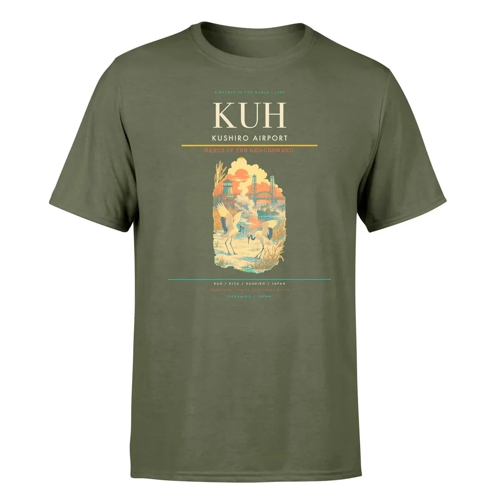 Kushiro Airport (KUH) T-Shirt single-side front print in Green Army | kushiro-airport-kuh-double-side-t-shirt