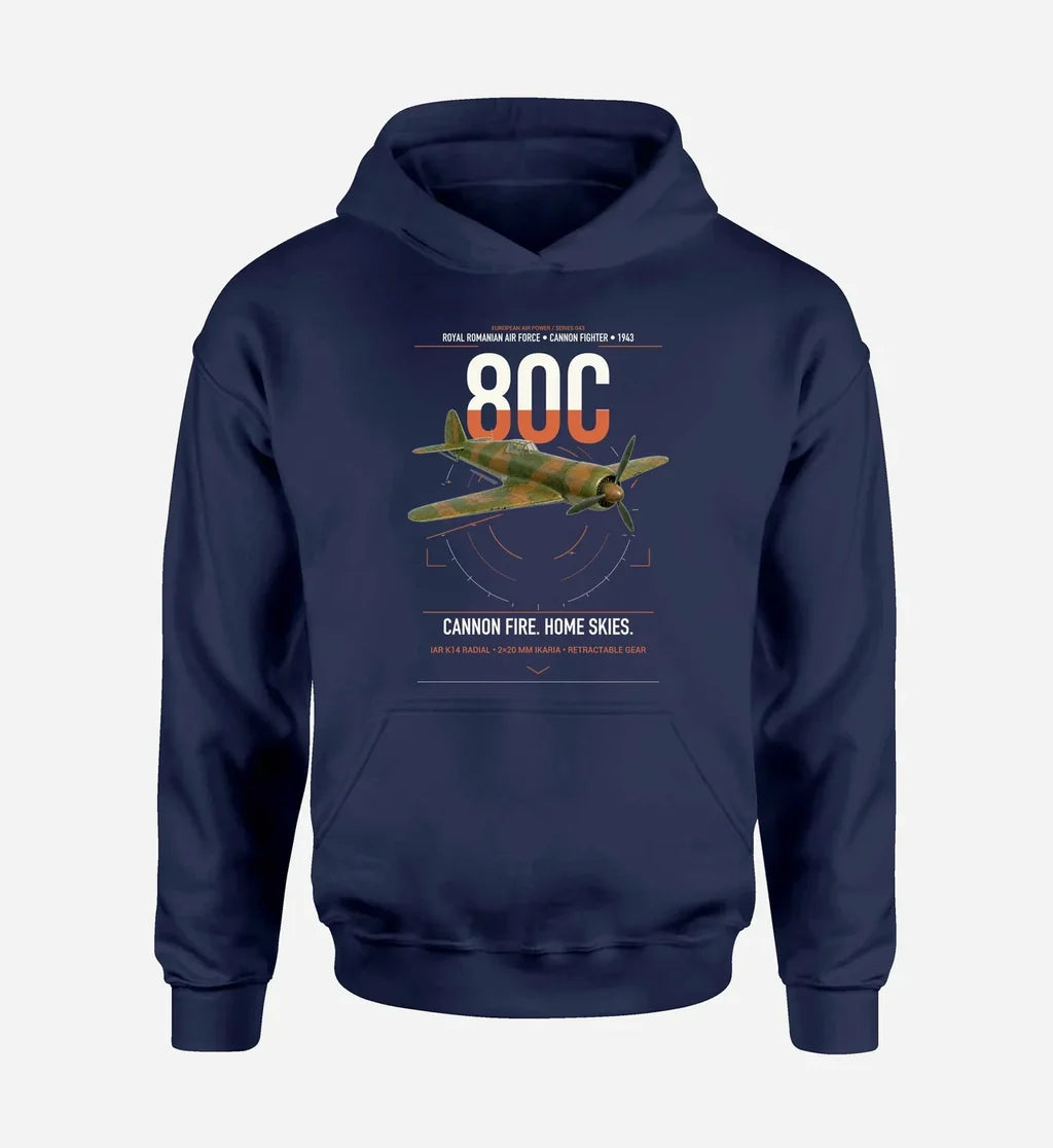 IAR 80C design on navy blue double-side hoodie, single-side print