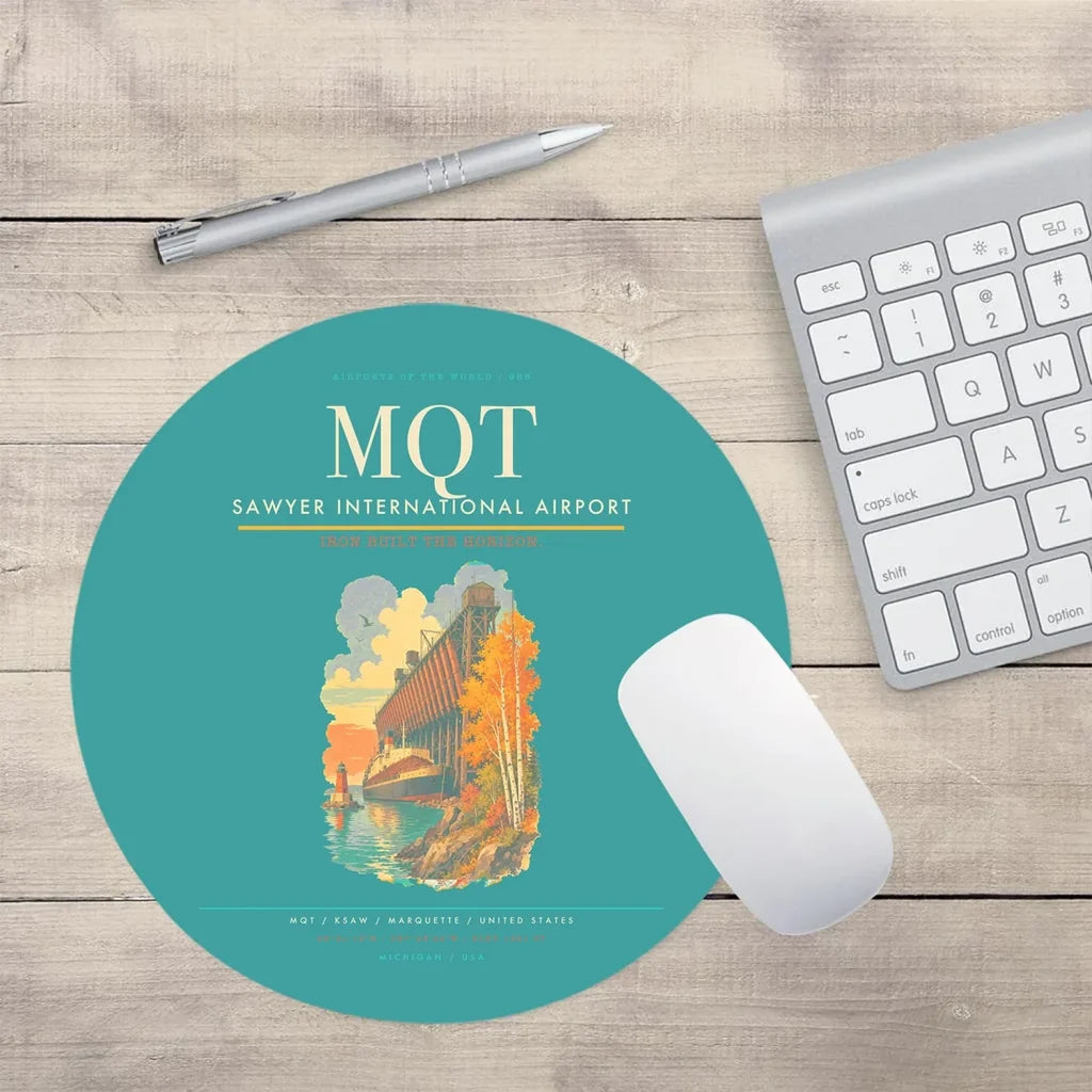Sawyer International Airport (MQT) design on turquoise round mouse pad