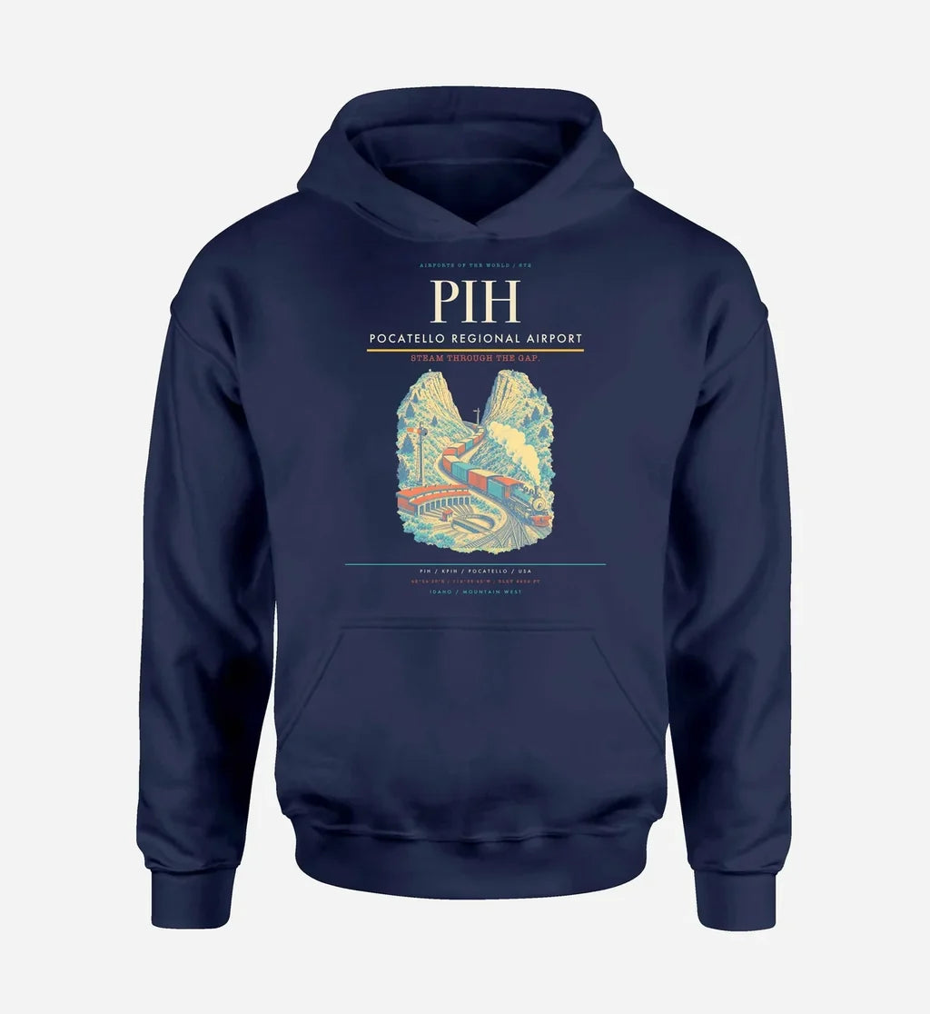 Pocatello Regional Airport (PIH) design on navy blue hoodie single-side print